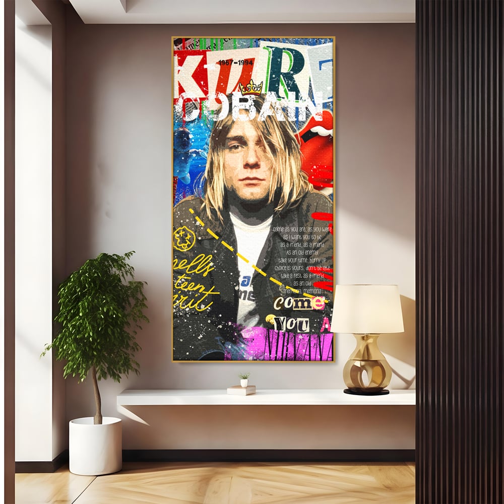 Tablou canvas cu tablou canvas cu portretul lui kurt cobain, in rama de aluminiu auriu